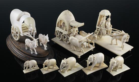 Three Indian Company School ivory groups and four graduated ivory elephant figures, 19th / early 20th century, 3.3cm - 16cm